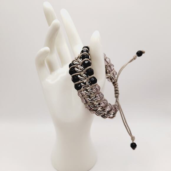 Artisan Black & Lilac Glass Beaded Macrame Bracelet - 6 1/2 Inch to 8 1/2 Inch - Picture 3 of 12